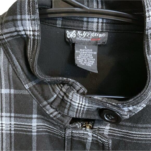 Self Esteem Womens L Black & White Flannel Zip Up Jacket Coat Lined Pockets - Picture 2 of 12